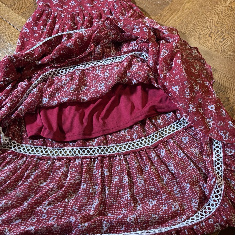 Floral Maxi Dress Womens Small Cottage Boho Flowy Tiered Euro Summer Smocked Red - Picture 5 of 6